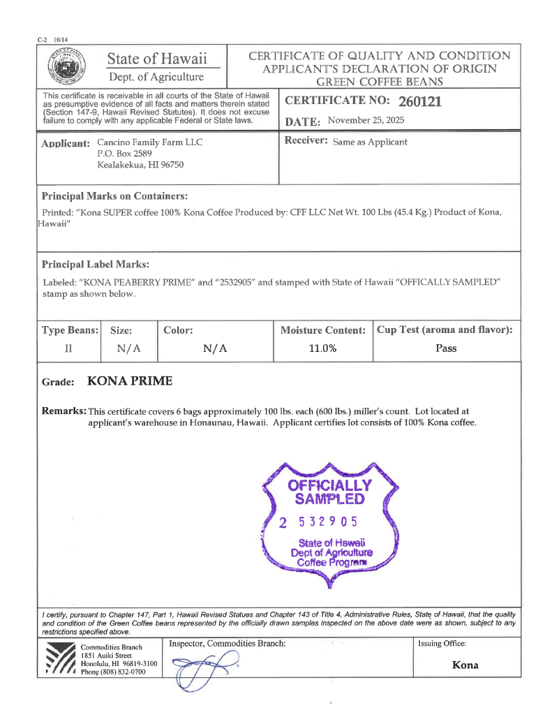 Kona Peaberry Coffees Hawaii State Certification