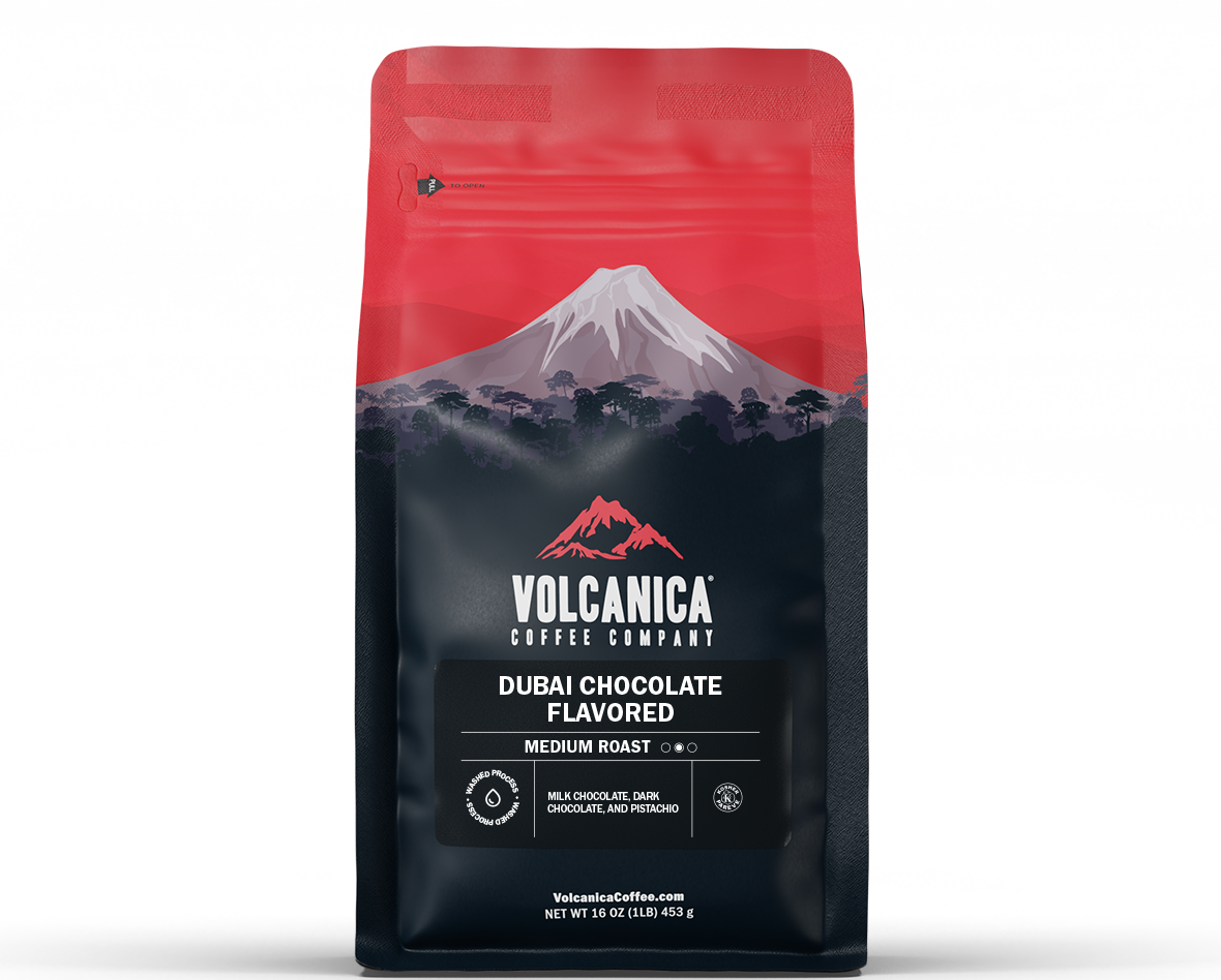 Image showcasing Dubai Chocolate Flavored Coffee – Volcanica Coffee