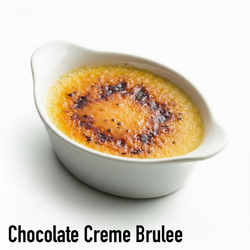Chocolate creme brulee dessert served in a small white ceramic ramekin with a glossy caramelized top, on a white background with the text 'Chocolate Creme Brulee' at the bottom.