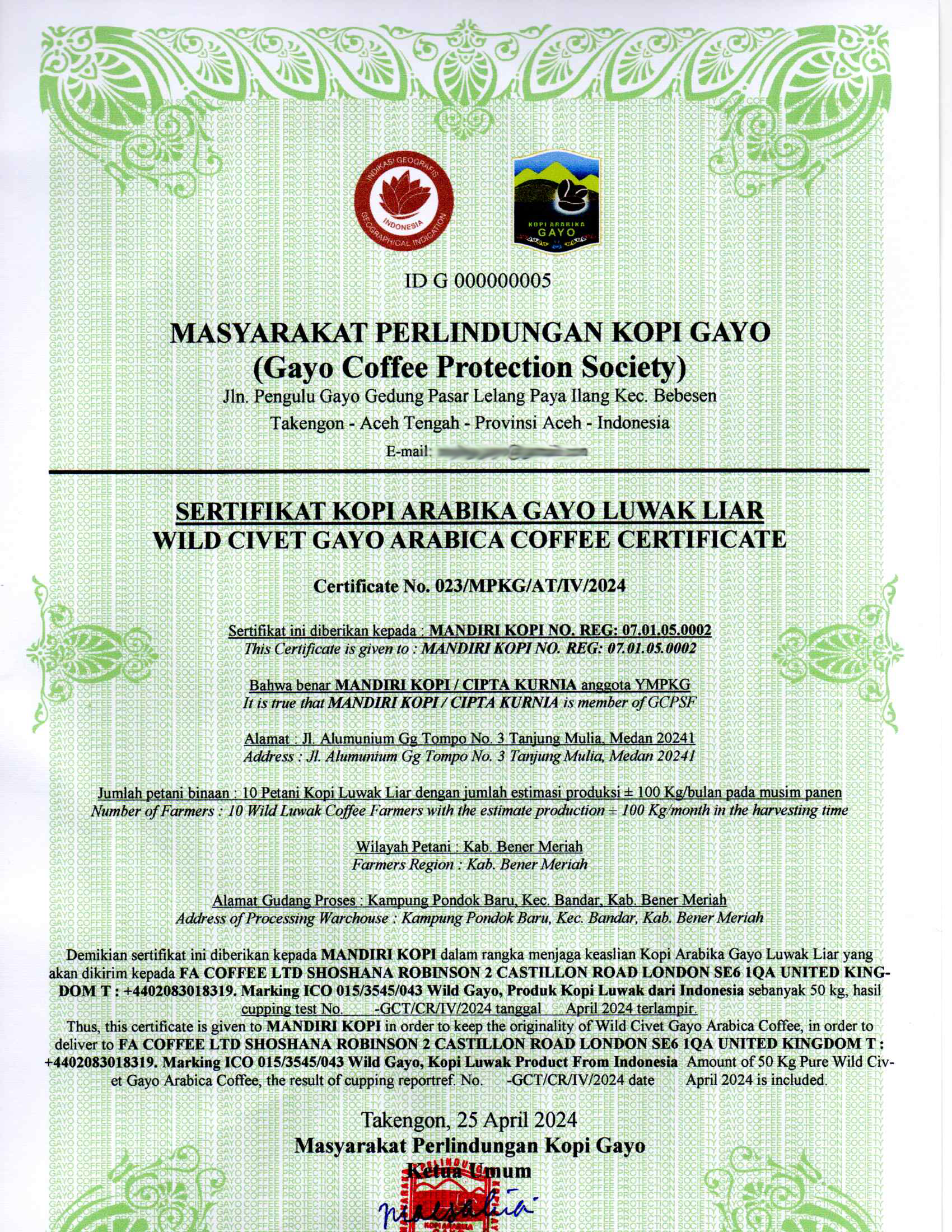 Kopi Luwak Coffee Certificate of Authenticity  - Free Range Kopi Luwak Certificate